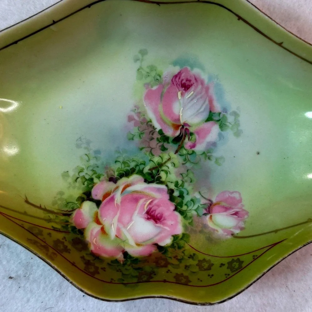 Royal Rudolstadt RS Germany Trinket Dish Set Small‎ Green Pink Yellow Good Roses